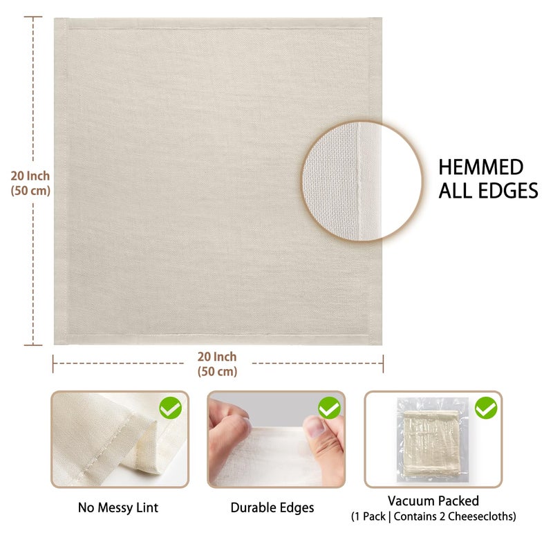 Olicity Cheese Cloths, 2PCS, Double-Layer, 20x20Inch, Reusable Grade 90 Cheese Cloth Bag for Straining, Hemmed Unbleached Cotton Precut Fine Mesh Muslin Cheesecloth for Juicing, Butter, Canning - Image 3